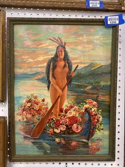 Antlers signed print, nude Native American female in canoe, framed 15