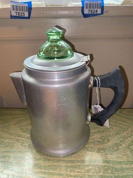 Vintage aluminum coffeepot w/ green Depression glass top