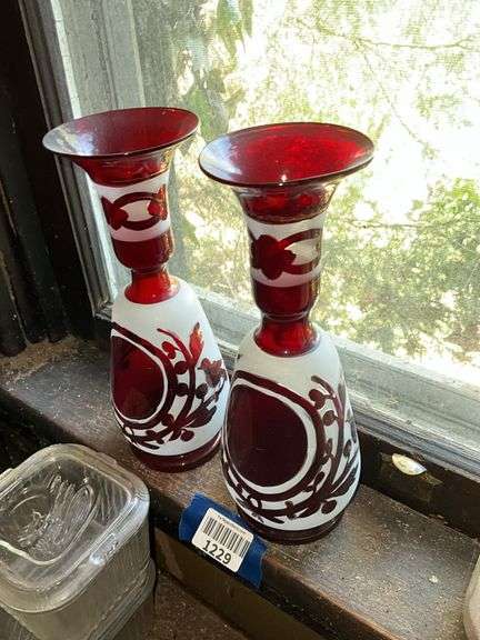 Pair ruby stained Bohemian glass vases