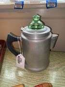 Vintage aluminum coffeepot w/ green Depression glass top