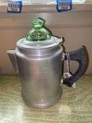 Vintage aluminum coffeepot w/ green Depression glass top