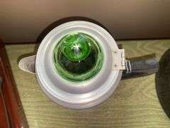 Vintage aluminum coffeepot w/ green Depression glass top