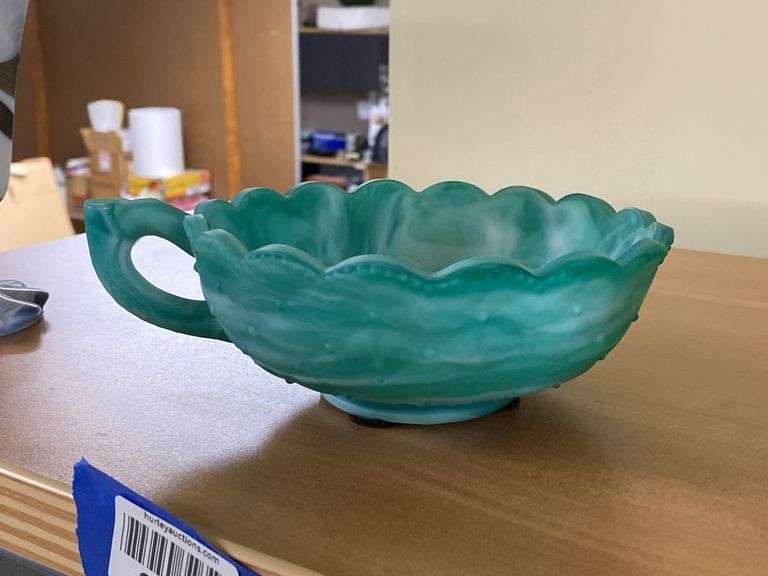 Imperial teal satin slag glass handled nappy