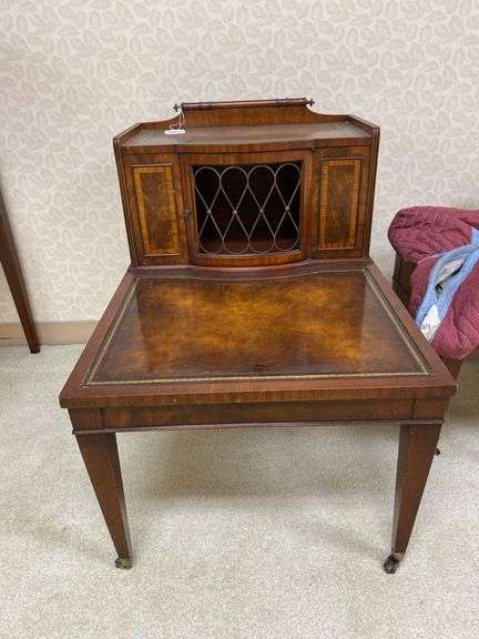 Mahogany step back end stand w/ inset tooled leather top panels 21x29x27.5, by the piece, take 2