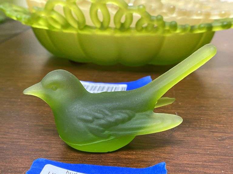 Westmoreland green satin glass bird paperweight