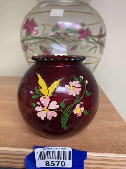 Ruby glass rose bowl, and floral decorated clear glass vase
