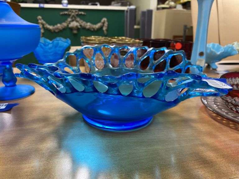 Westmoreland blue glass bowl w/ flared open work edge