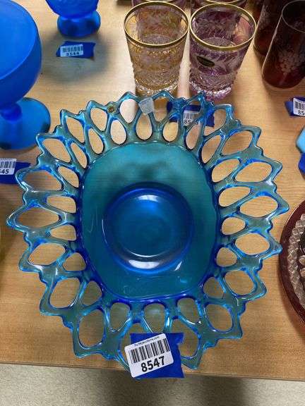 Westmoreland blue glass bowl w/ flared open work edge