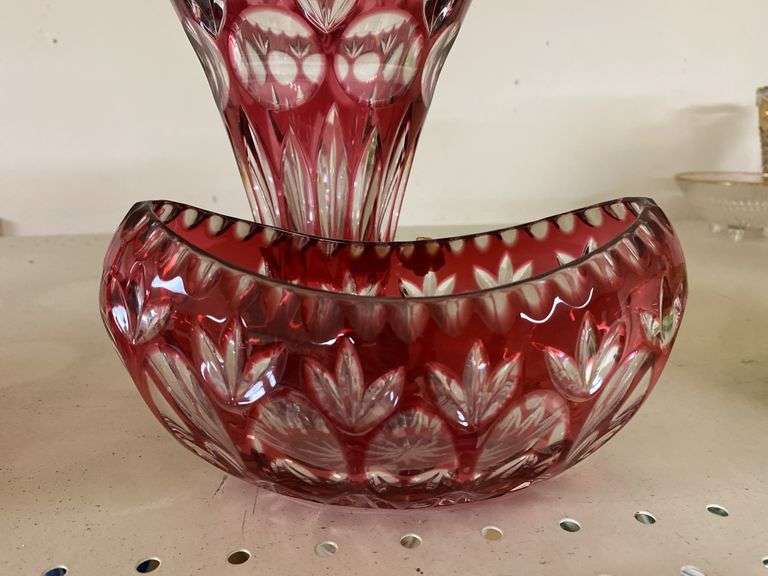 Ruby stained crystal glass vase and oval bowl