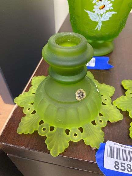 Pair Westmoreland green satin glass candleholders