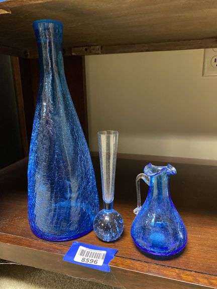 Blue crackle glass bottle vase and ever, and bubble base bud vase