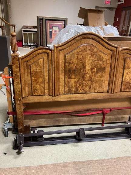 Bed w/ burl paneled headboard and metal bed frame 59 wide