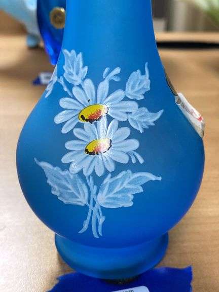 Westmoreland blue satin glass vase w/ handpainted decor