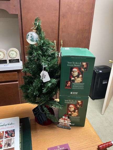 Two Howard Miller limited edition Santa figures in boxes, Baldwin brass Christmas ornaments, faux tree