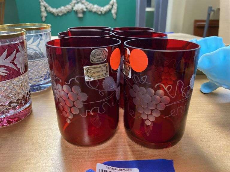 Set of six Egermann ruby to clear engraved glass tumblers