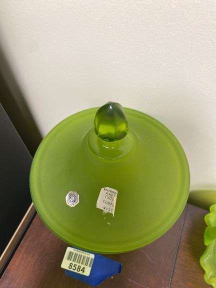 Westmoreland green satin glass covered compote