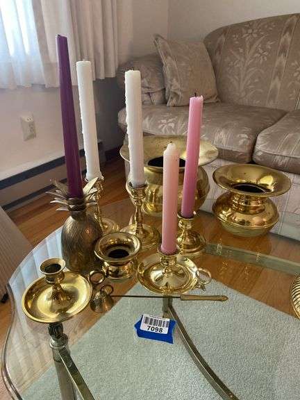 Brass & brass tone candleholders & spittoons
