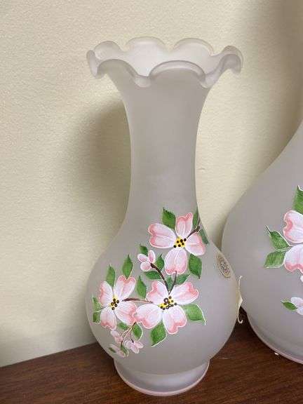 Two Westmoreland satin glass vases w/ handpainted dogwood decor