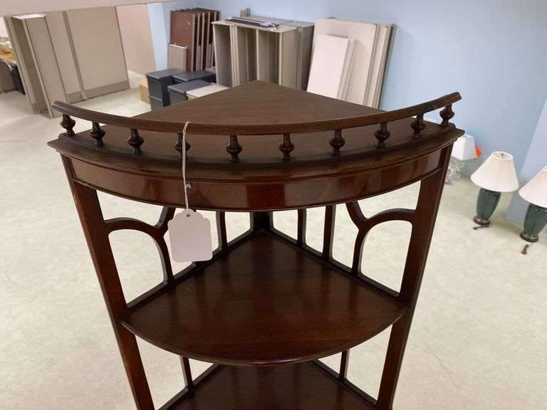 Hepplewhite mahogany corner stand w/ open work top shelves, drawers in base 26x18x65.5