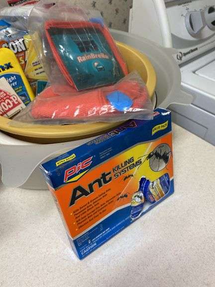 Misc lot - canning jars, mouse trap, ant killing system, fly catchers, hand tools & more