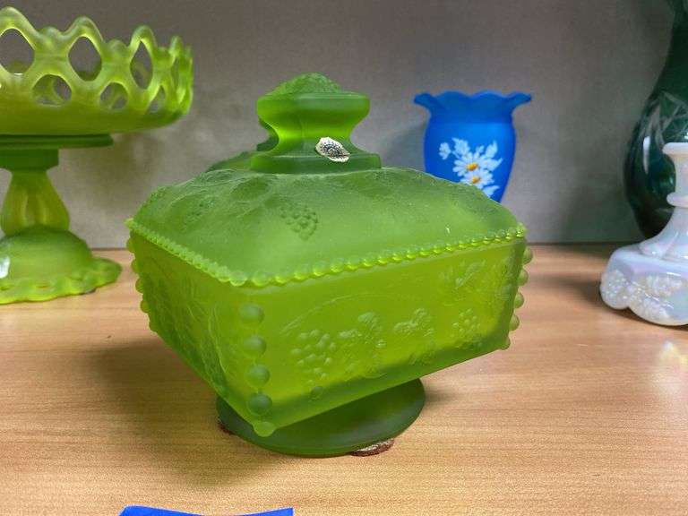 Two Westmoreland green satin glass square covered dishes