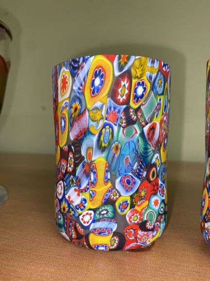 Three Murano glass millefiori art glass tumblers