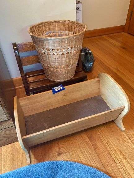 Wicker wastecan, doll cradle & cradle