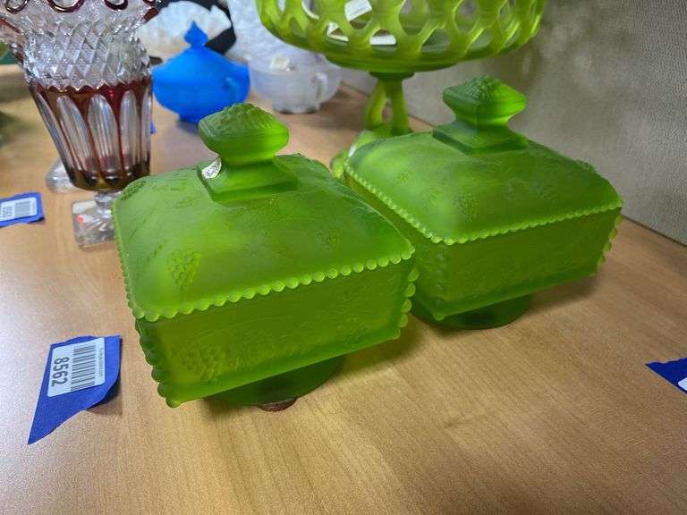 Two Westmoreland green satin glass square covered dishes