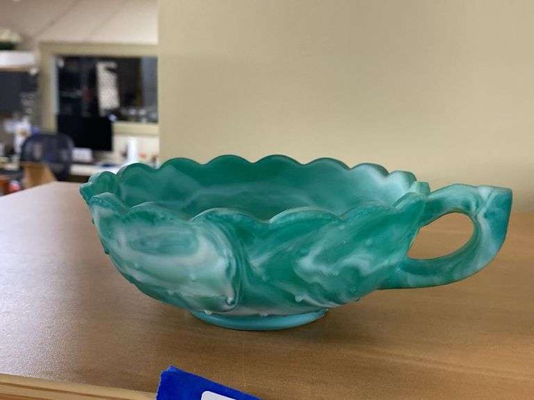Imperial teal satin slag glass handled nappy