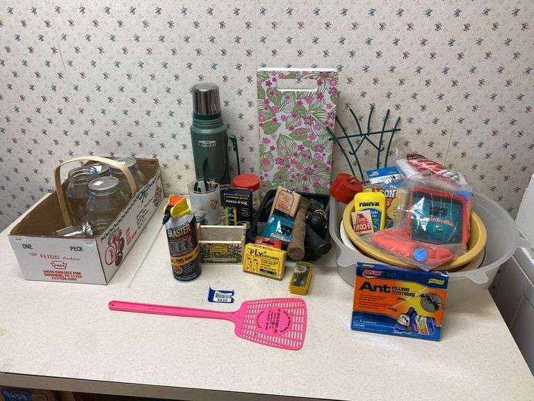 Misc lot - canning jars, mouse trap, ant killing system, fly catchers, hand tools & more
