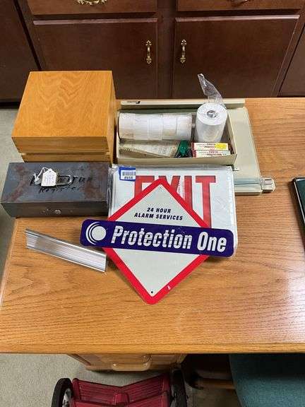 EXIT sign, cash box, wooden file box, misc