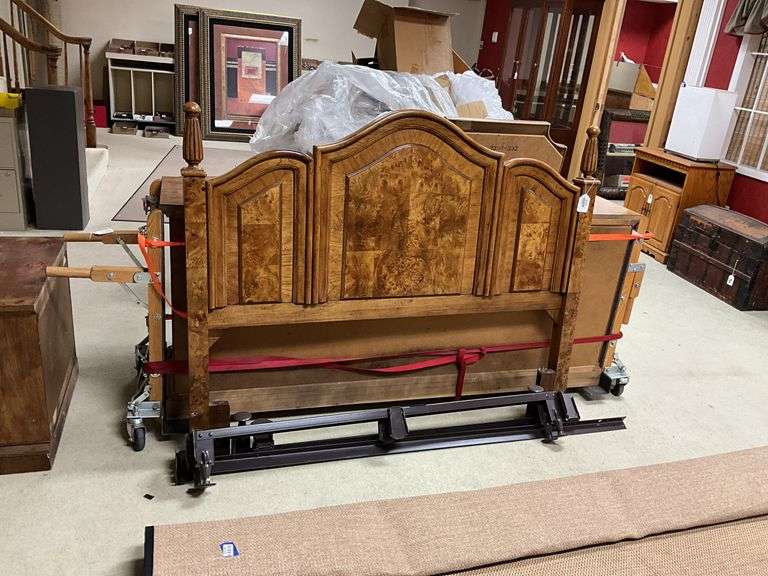 Bed w/ burl paneled headboard and metal bed frame 59 wide