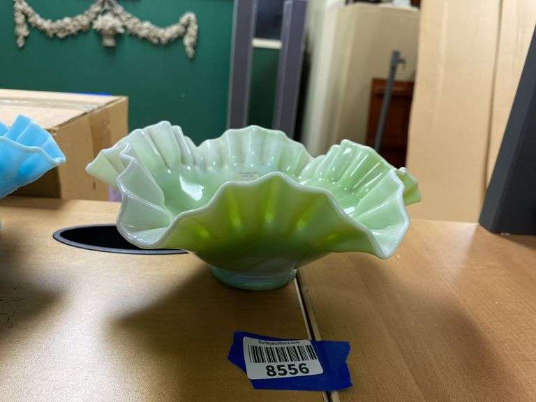 Westmoreland green slag glass bowl and crimped rim
