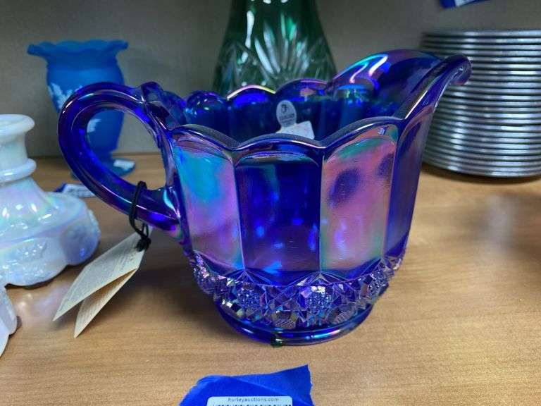 Fenton blue carnival glass creamer w/ hang tag