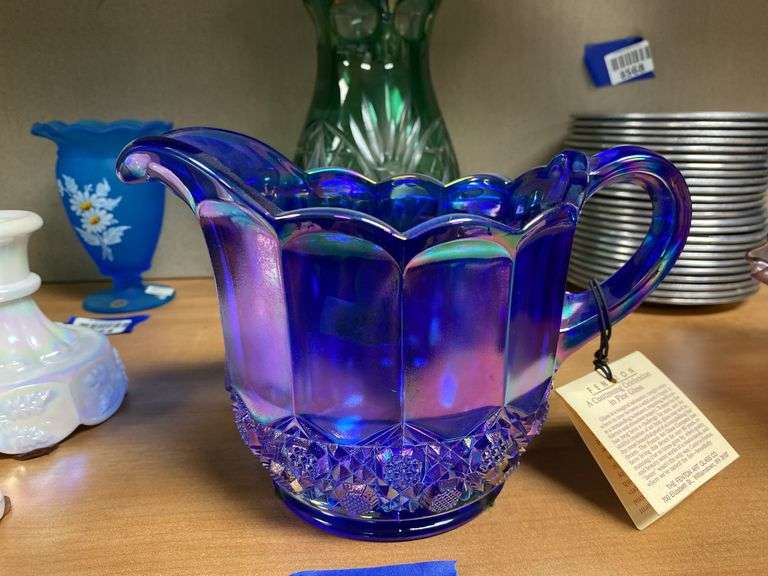 Fenton blue carnival glass creamer w/ hang tag