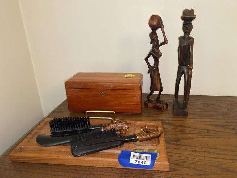 Cedar Dresser Chest, Men’s dresser dish, comb, hairbrush, clothes brush, carved figurines