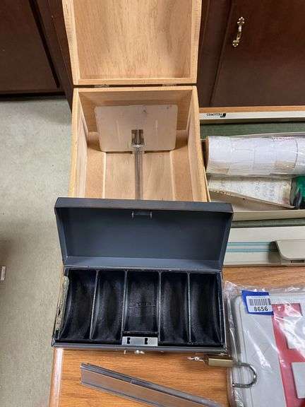 EXIT sign, cash box, wooden file box, misc