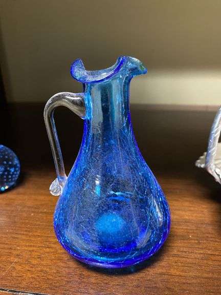 Blue crackle glass bottle vase and ever, and bubble base bud vase