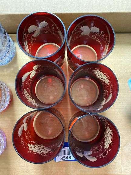 Set of six Egermann ruby to clear engraved glass tumblers