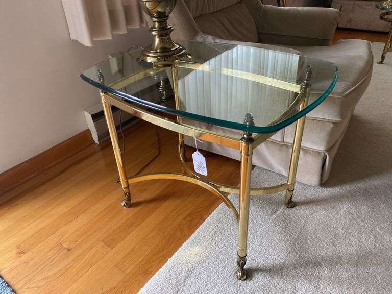 Pair of brass/glass top endstands, no contents 27x20x22.5