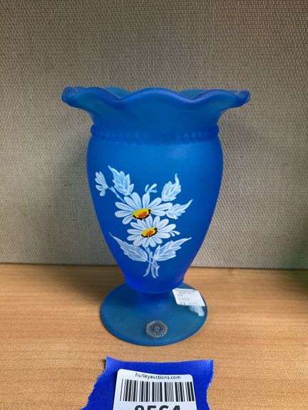 Westmoreland blue satin glass vase w/ handpainted decor