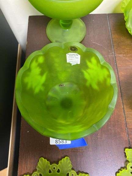 Westmoreland green satin glass footed dishes w/ handpainted decor