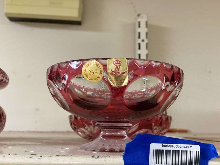 Nachtmann ruby stained crystal footed bowl and two ashtrays
