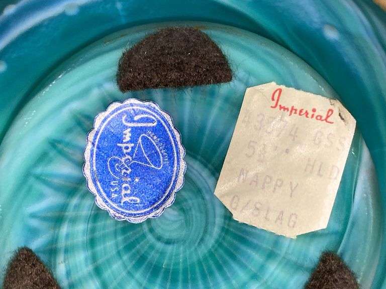 Imperial teal satin slag glass handled nappy