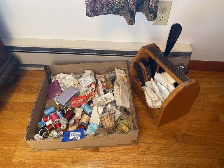 Shoe Shine box & contents, sewing notions