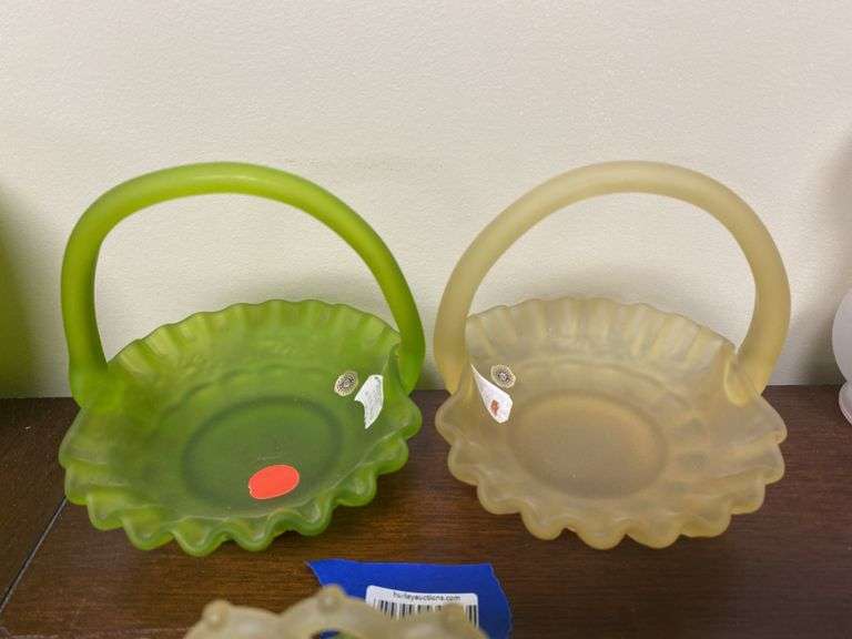 Two Westmoreland satin glass baskets w/ applied handles: green and yellow