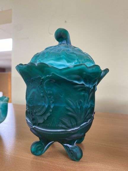 Imperial teal satin slag glass covered jar