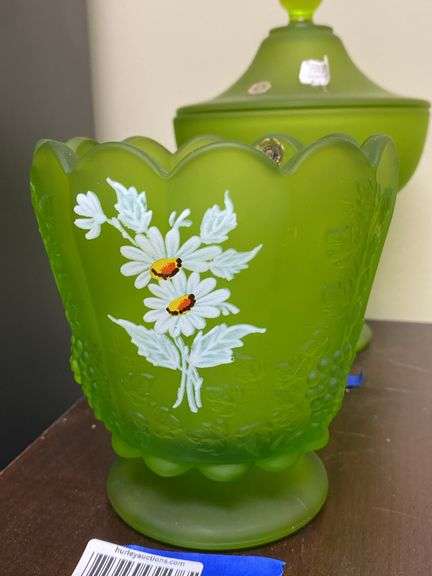 Westmoreland green satin glass footed dishes w/ handpainted decor