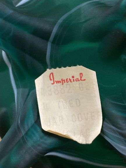 Imperial teal satin slag glass covered jar