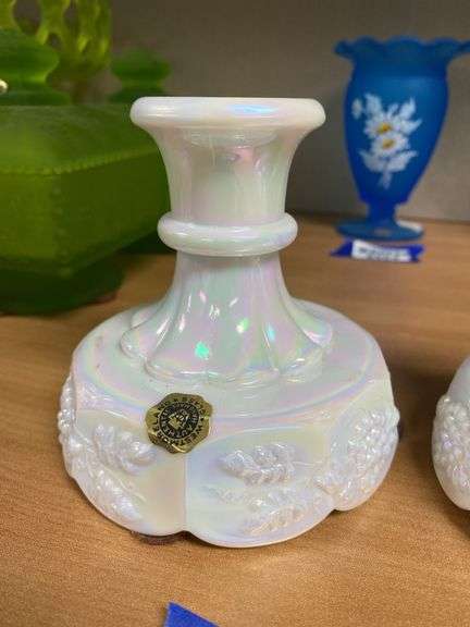 Pair Westmoreland iridescent milk glass candleholders